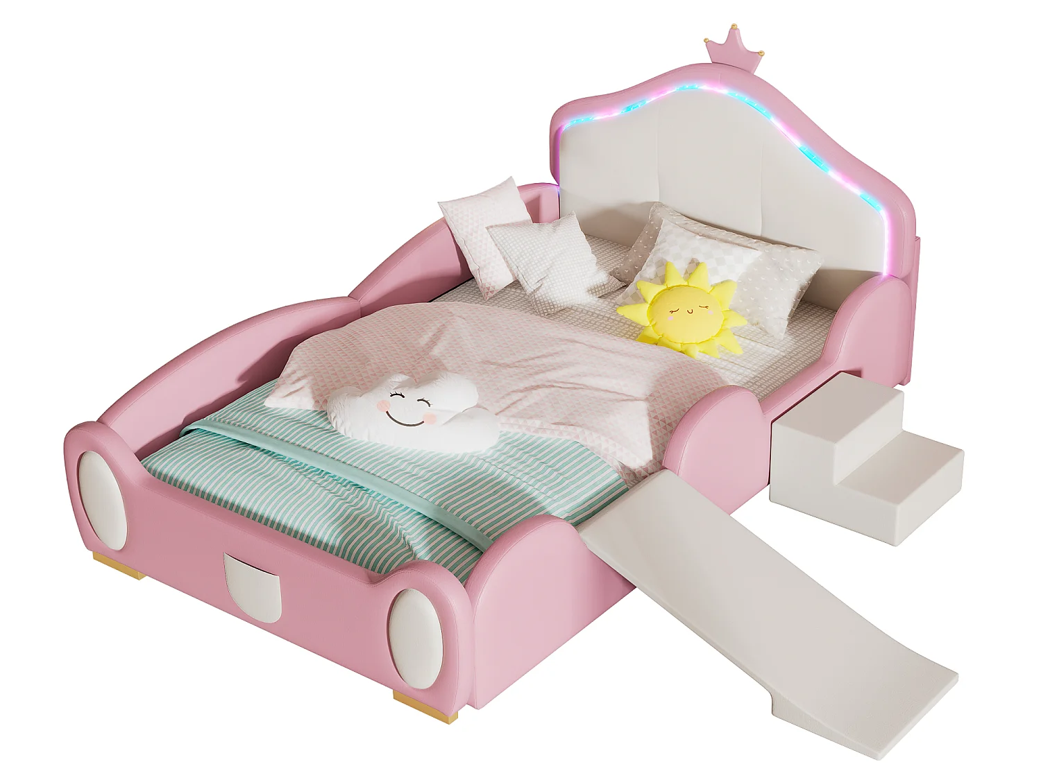 Lit enfant 90 x 200 cm avec toboggan et escalier, rembourré en cuir pu, LEDs, rose + beige