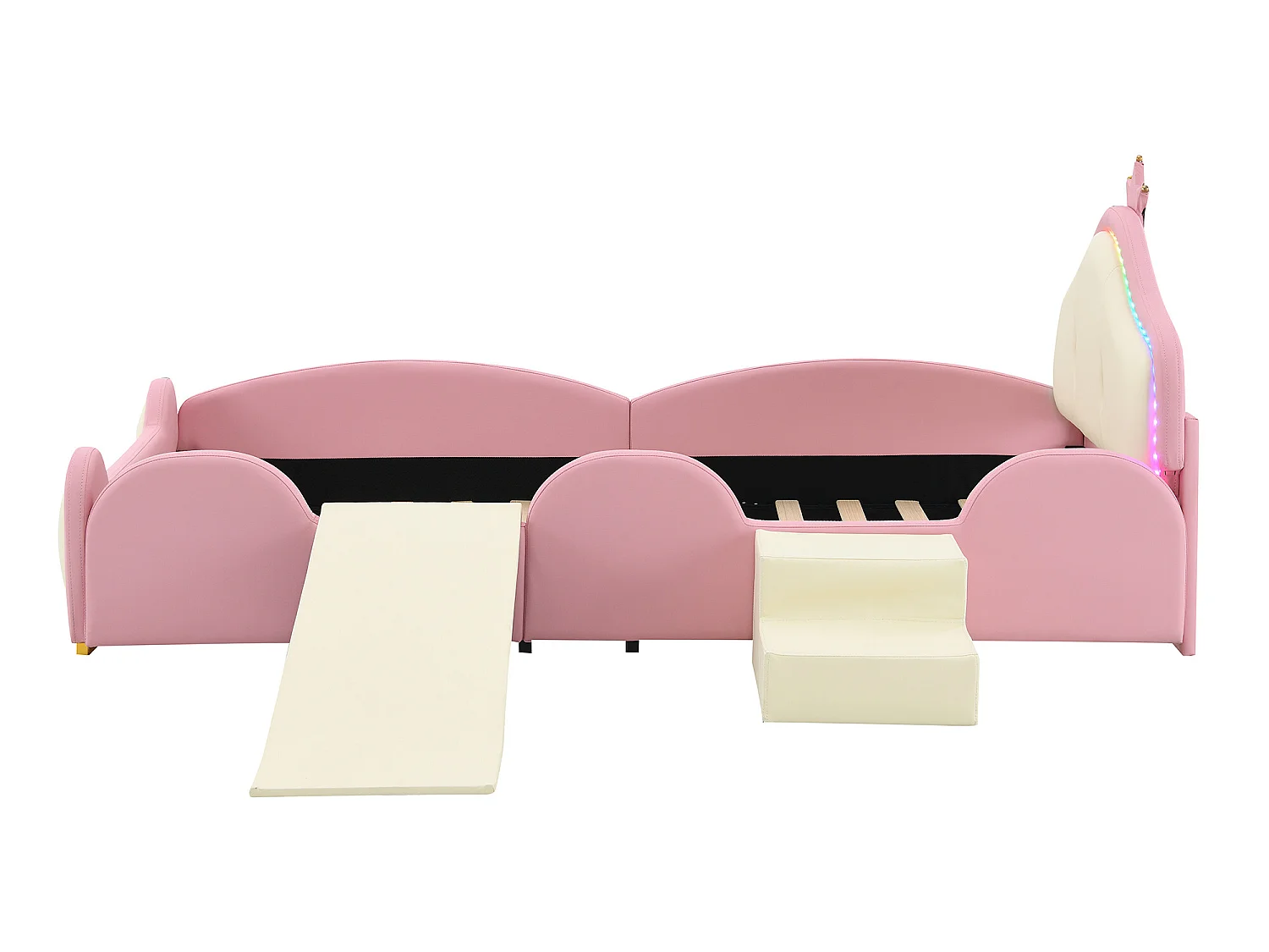 Lit enfant 90 x 200 cm avec toboggan et escalier, rembourré en cuir pu, LEDs, rose + beige