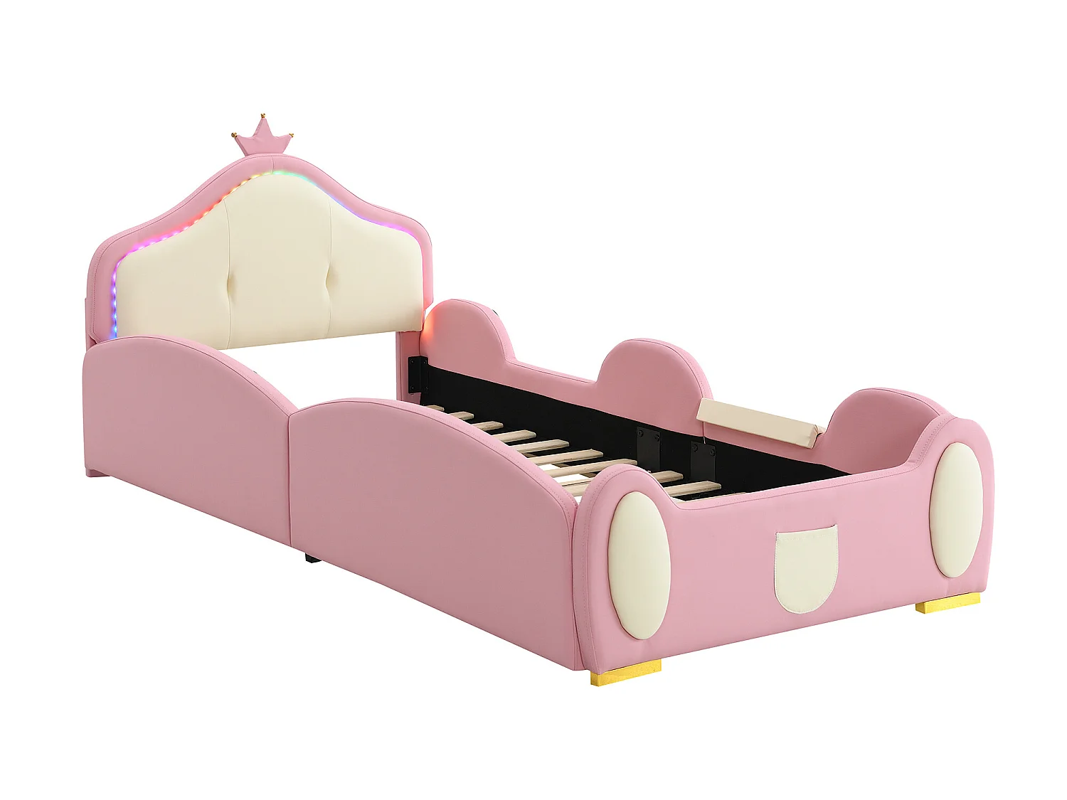 Lit enfant 90 x 200 cm avec toboggan et escalier, rembourré en cuir pu, LEDs, rose + beige