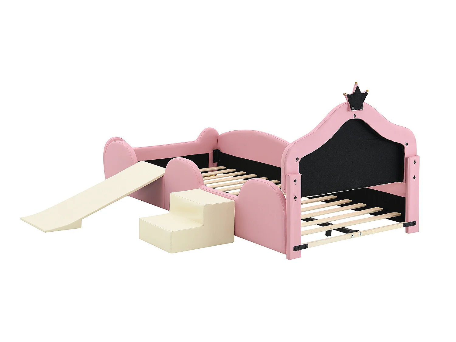 Lit enfant 90 x 200 cm avec toboggan et escalier, rembourré en cuir pu, LEDs, rose + beige