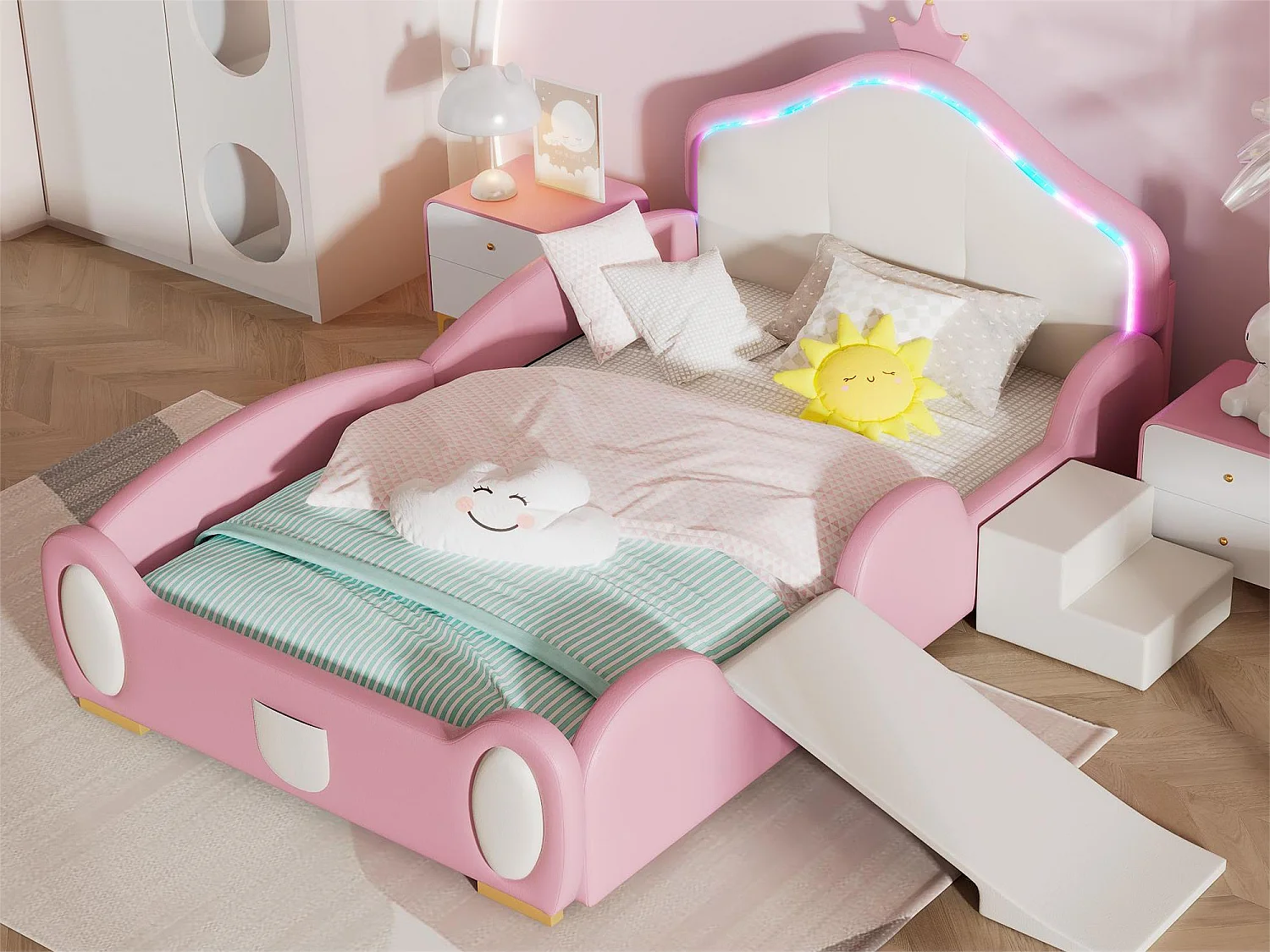 Lit enfant 90 x 200 cm avec toboggan et escalier, rembourré en cuir pu, LEDs, rose + beige