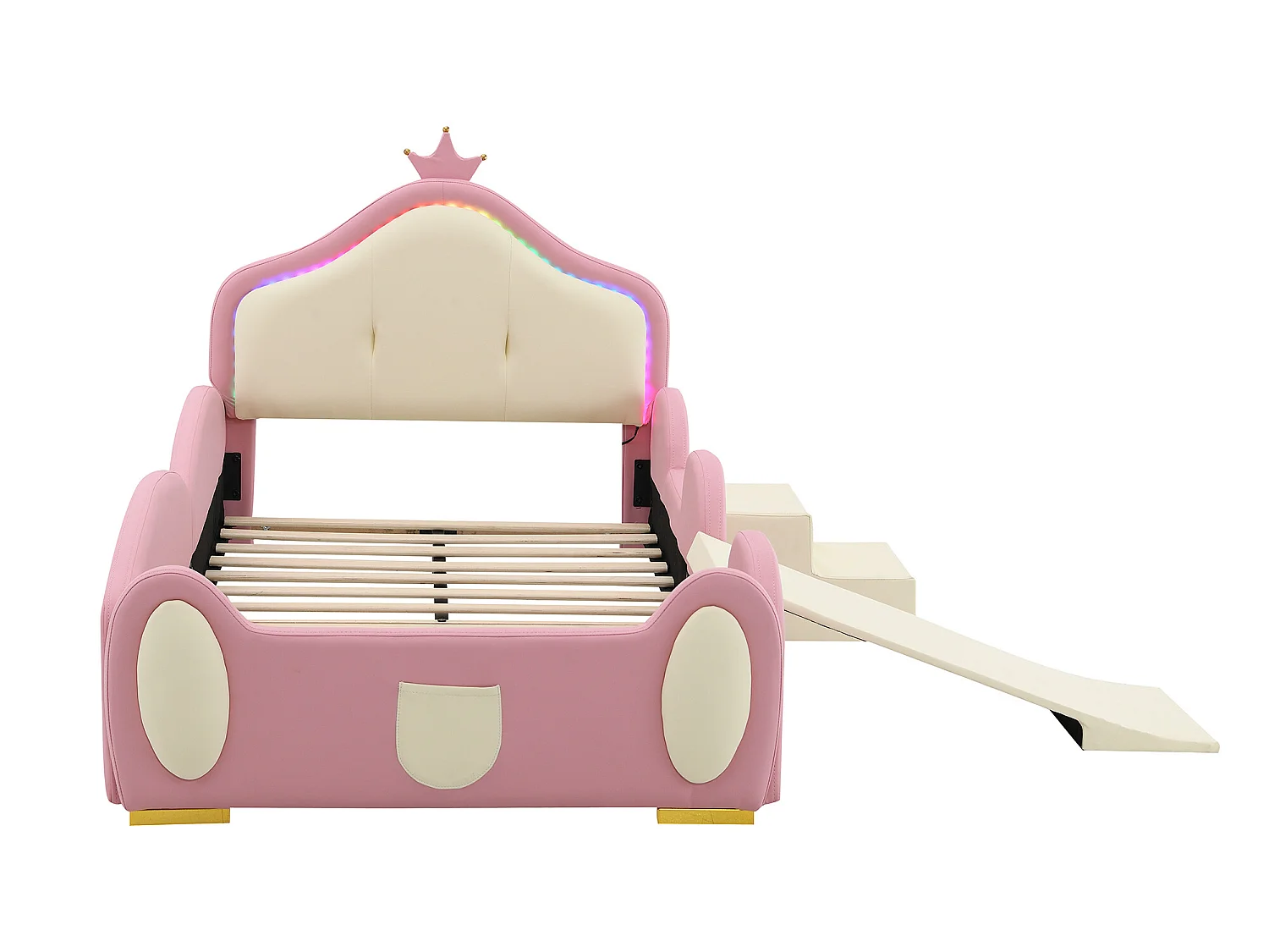 Lit enfant 90 x 200 cm avec toboggan et escalier, rembourré en cuir pu, LEDs, rose + beige