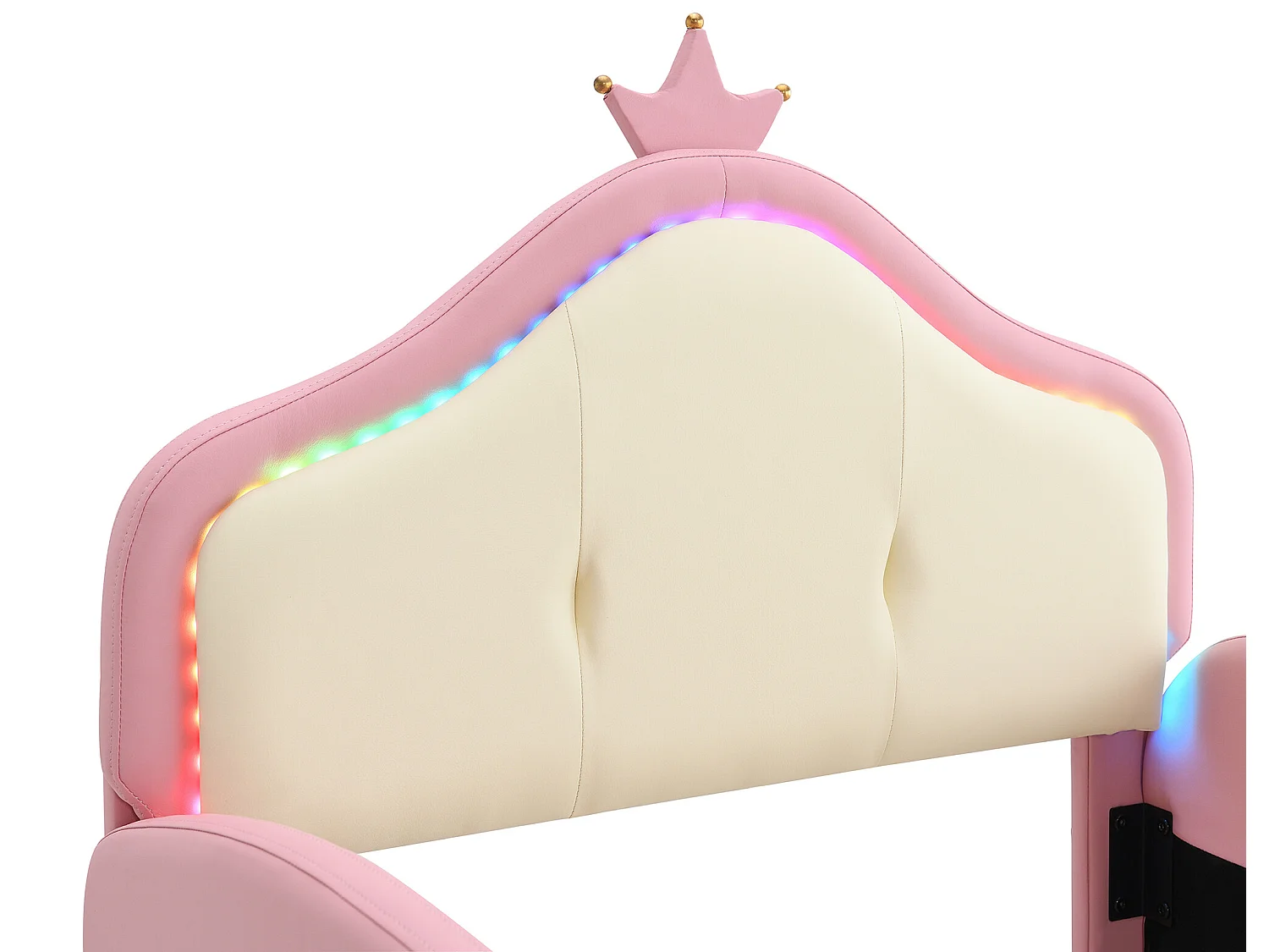 Lit enfant 90 x 200 cm avec toboggan et escalier, rembourré en cuir pu, LEDs, rose + beige