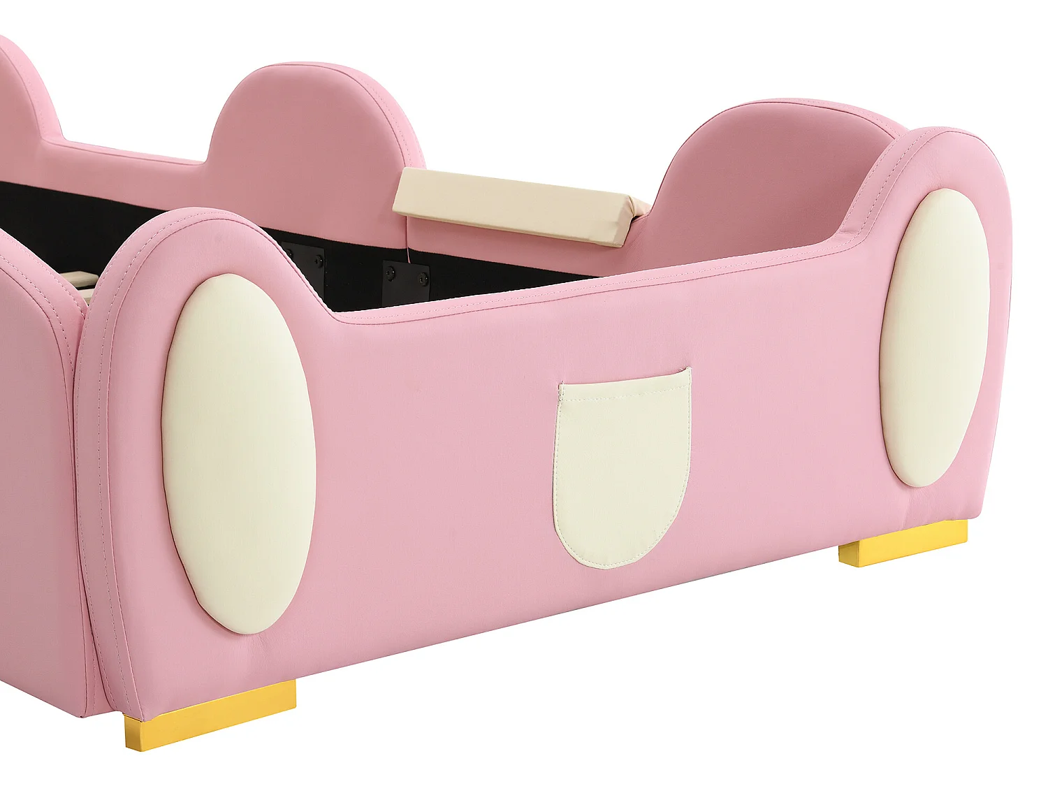 Lit enfant 90 x 200 cm avec toboggan et escalier, rembourré en cuir pu, LEDs, rose + beige
