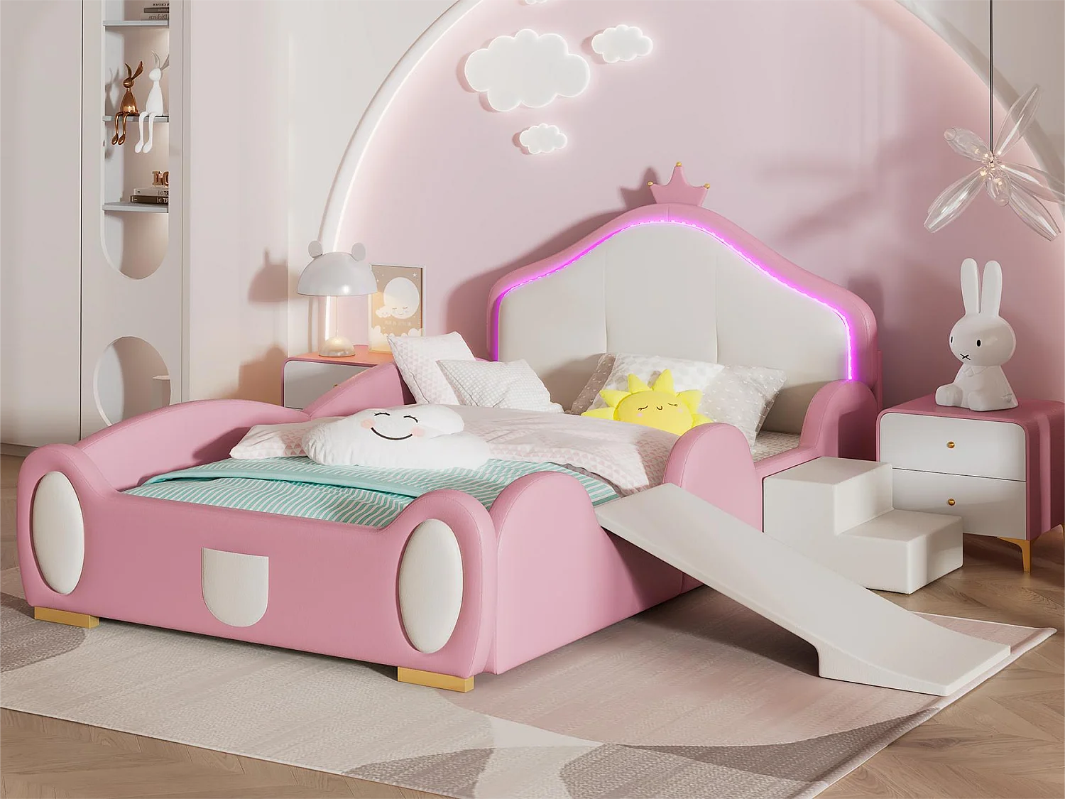 Lit enfant 90 x 200 cm avec toboggan et escalier, rembourré en cuir pu, LEDs, rose + beige