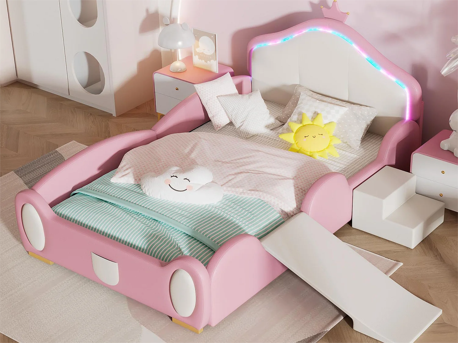 Lit enfant 90 x 200 cm avec toboggan et escalier, rembourré en cuir pu, LEDs, rose + beige