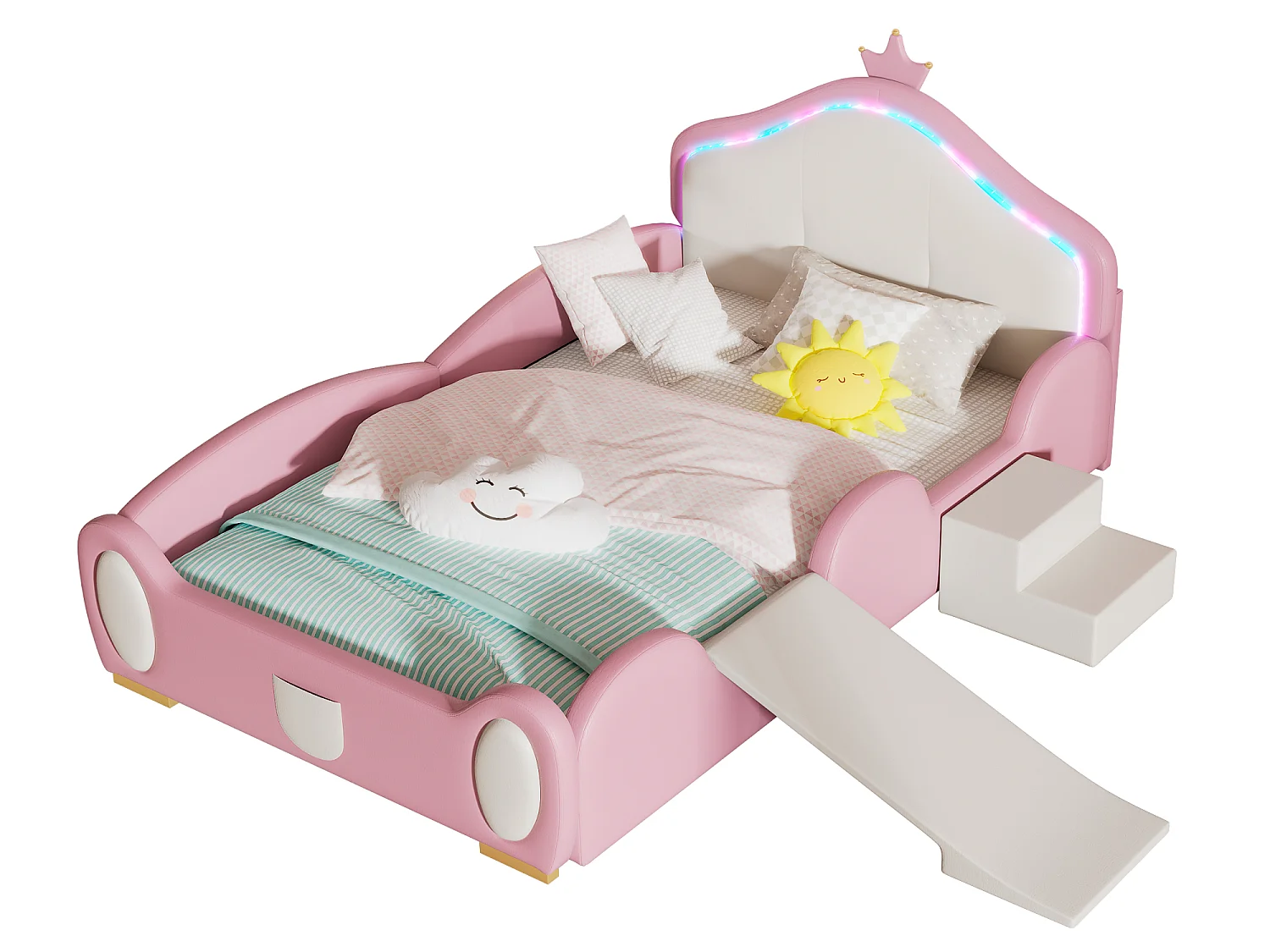 Lit enfant 90 x 200 cm avec toboggan et escalier, rembourré en cuir pu, LEDs, rose + beige