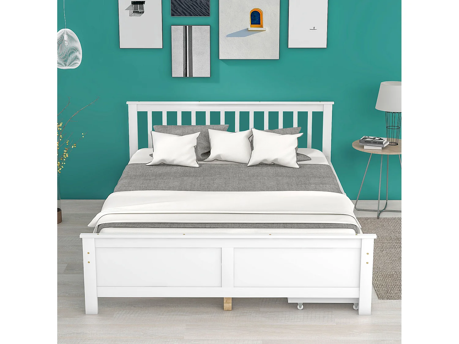 Lit avec tête de lit et tiroirs - 140 x 200 cm -  bois massif - coloris: blanc