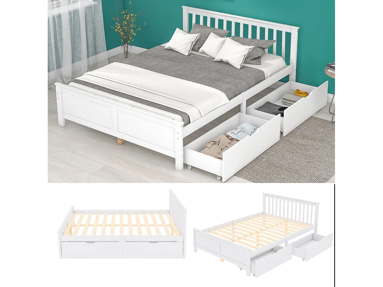 Lit avec tête de lit et tiroirs - 140 x 200 cm -  bois massif - coloris: blanc