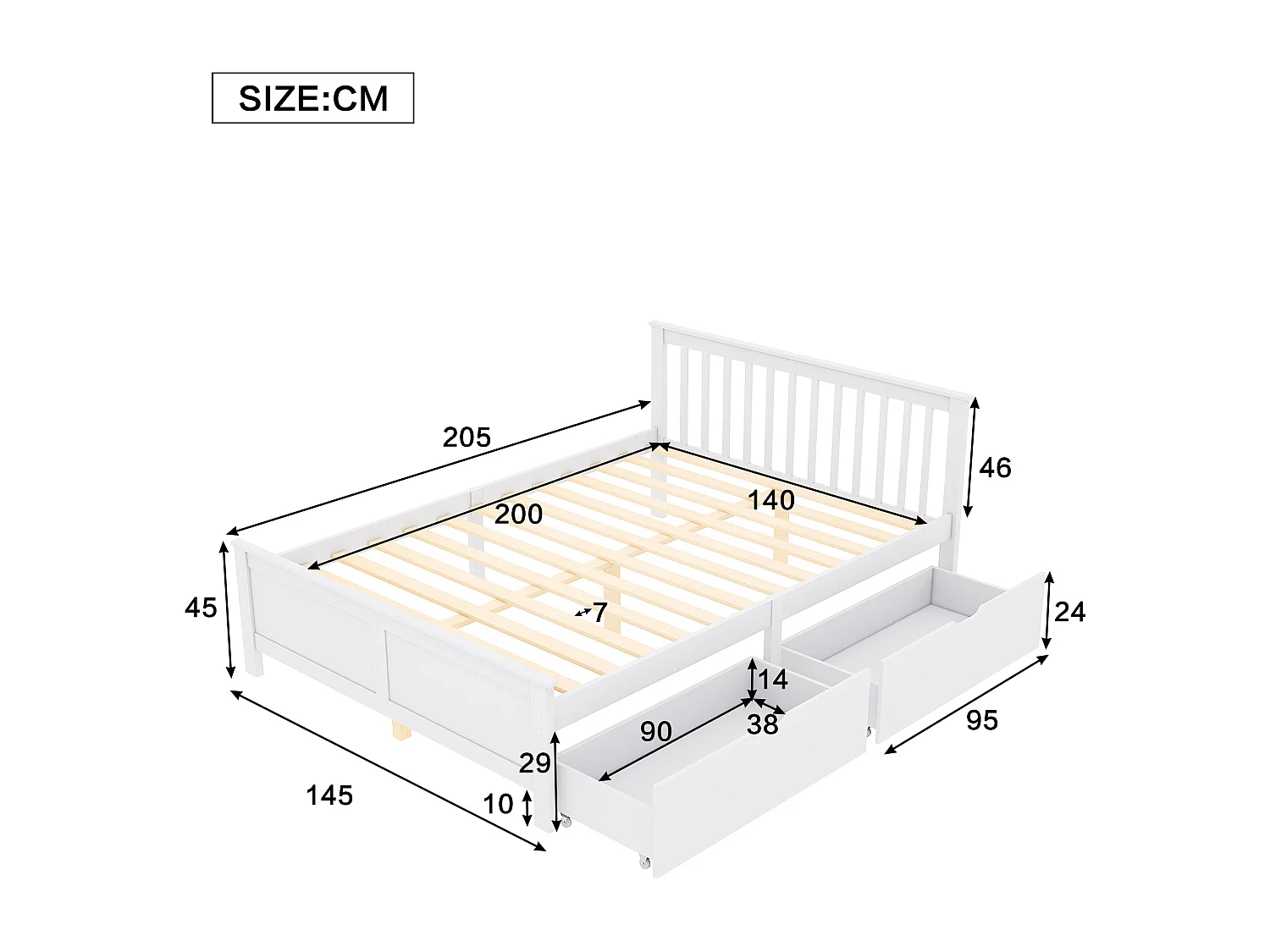 Lit avec tête de lit et tiroirs - 140 x 200 cm -  bois massif - coloris: blanc