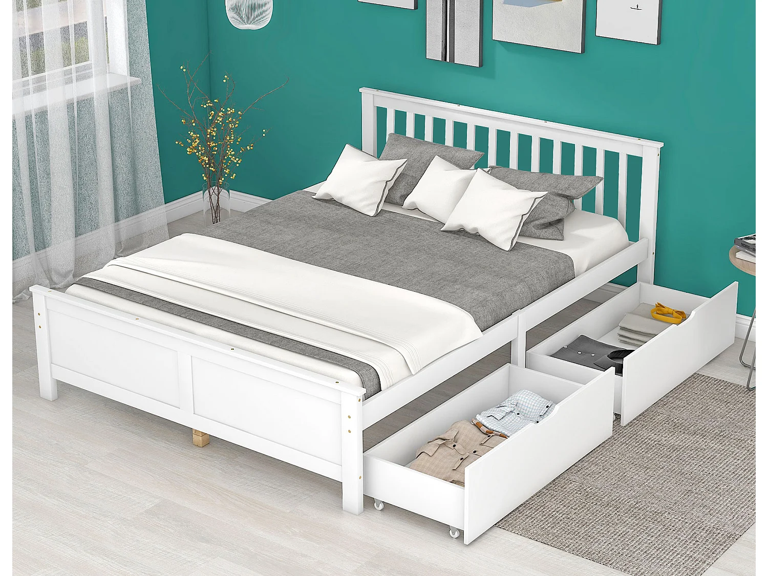 Lit avec tête de lit et tiroirs - 140 x 200 cm -  bois massif - coloris: blanc