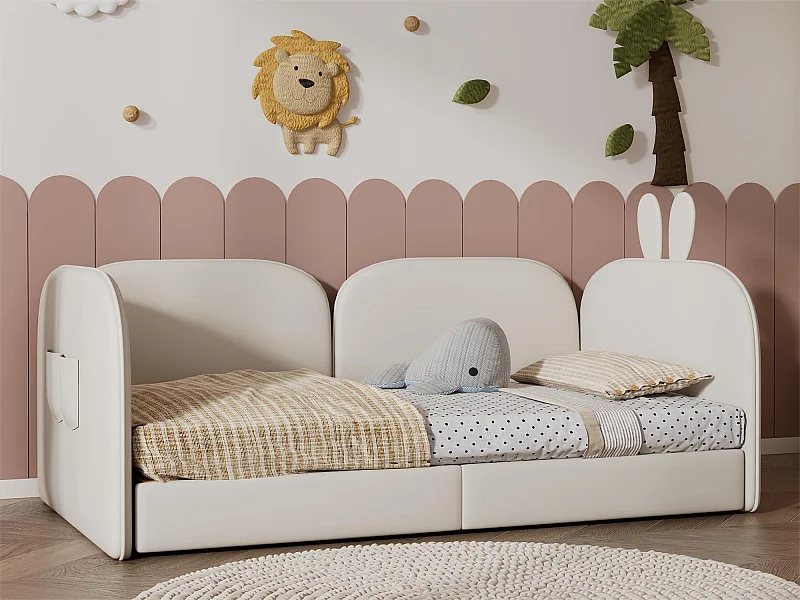 Lit banquette 90 x 200 cm pour enfant en velours sommier inclus, beige