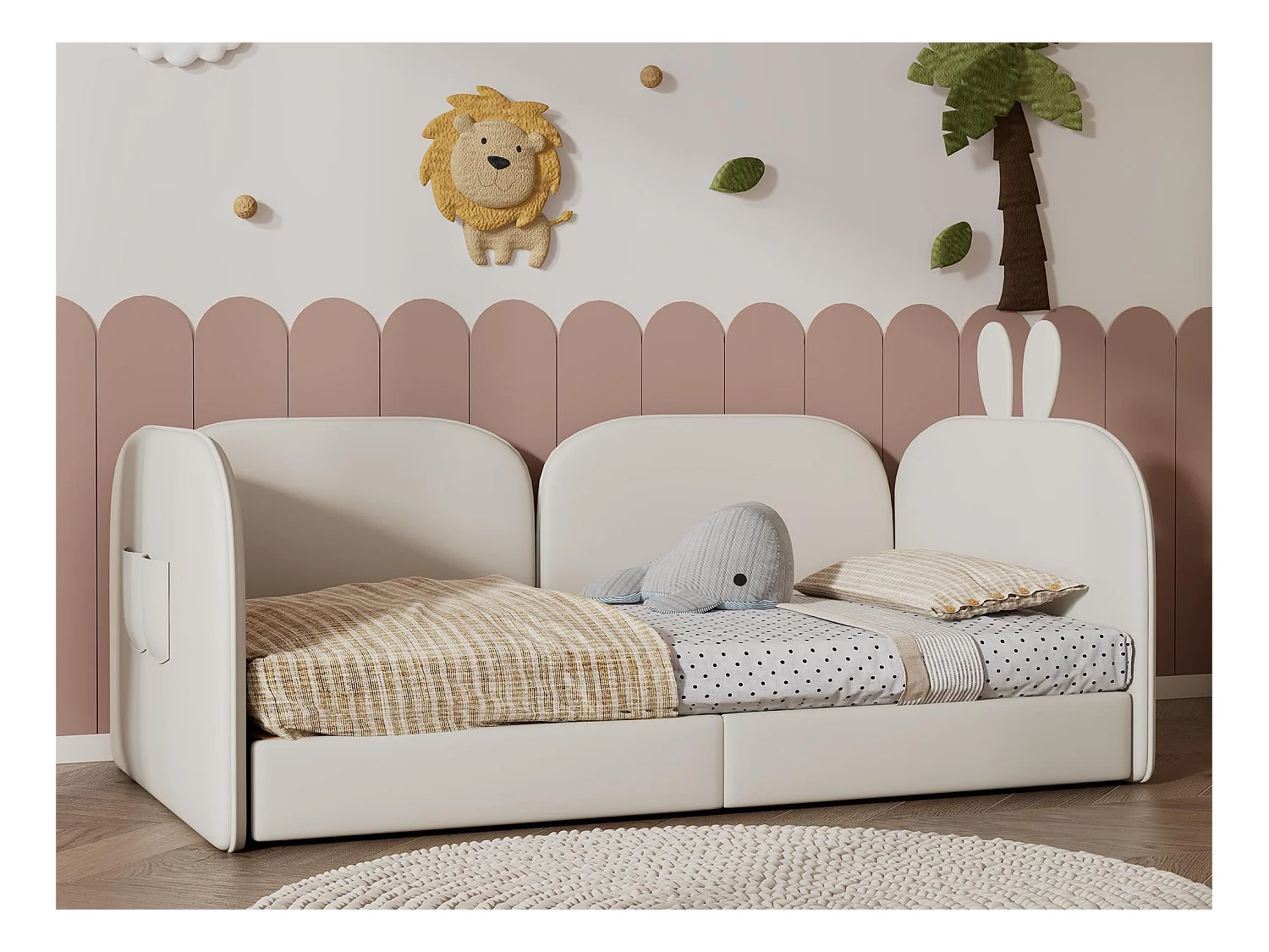 Lit banquette 90 x 200 cm pour enfant en velours sommier inclus, beige