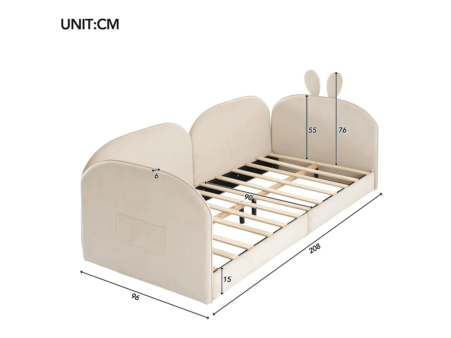 Lit banquette 90 x 200 cm pour enfant en velours sommier inclus, beige