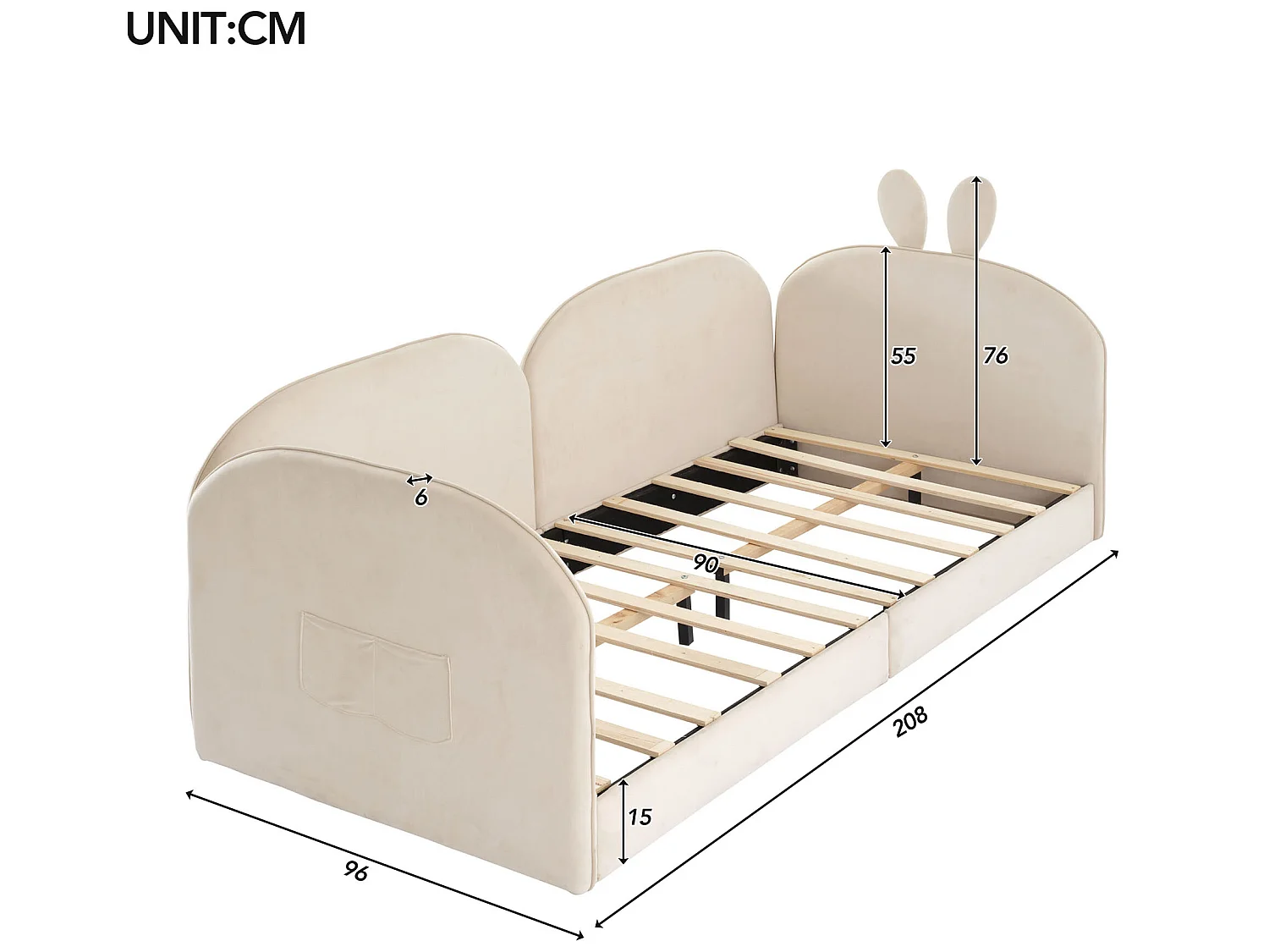 Lit banquette 90 x 200 cm pour enfant en velours sommier inclus, beige