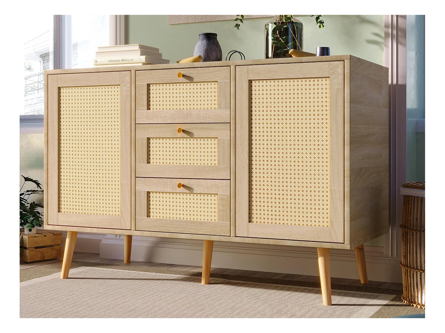 Ladekast 120 x 82 x 40 cm met 2 deuren en 3 laden in rotan en Sonoma eiken, verstelbare plank, beige