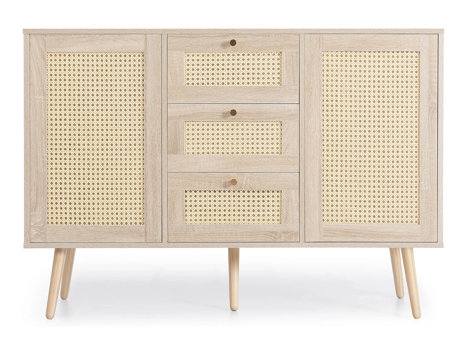 Commode 120 x 82 x 40 cm avec 2 portes et 3 tiroirs en rotin et chêne Sonoma, étagère réglable, beige