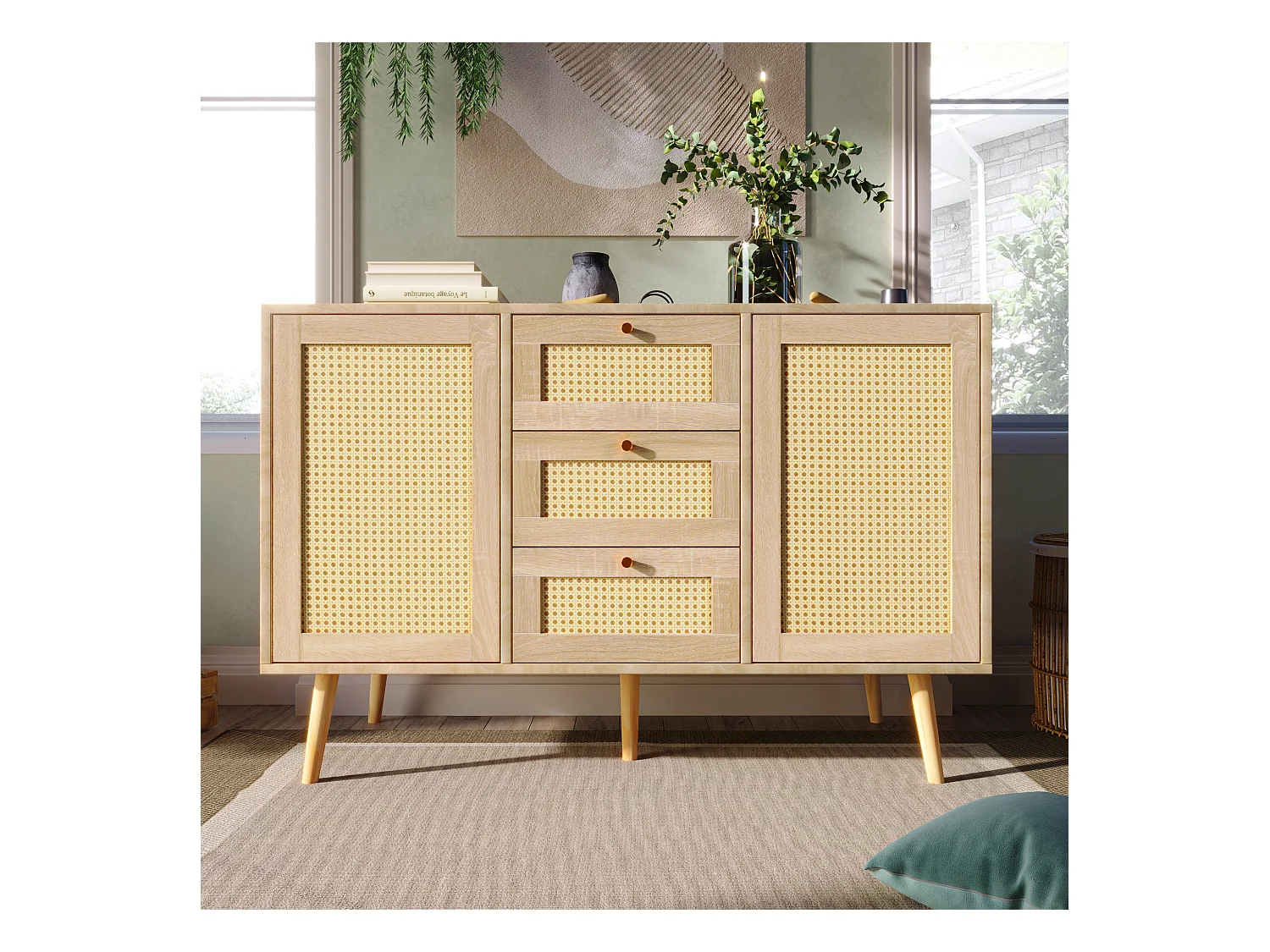Commode 120 x 82 x 40 cm avec 2 portes et 3 tiroirs en rotin et chêne Sonoma, étagère réglable, beige