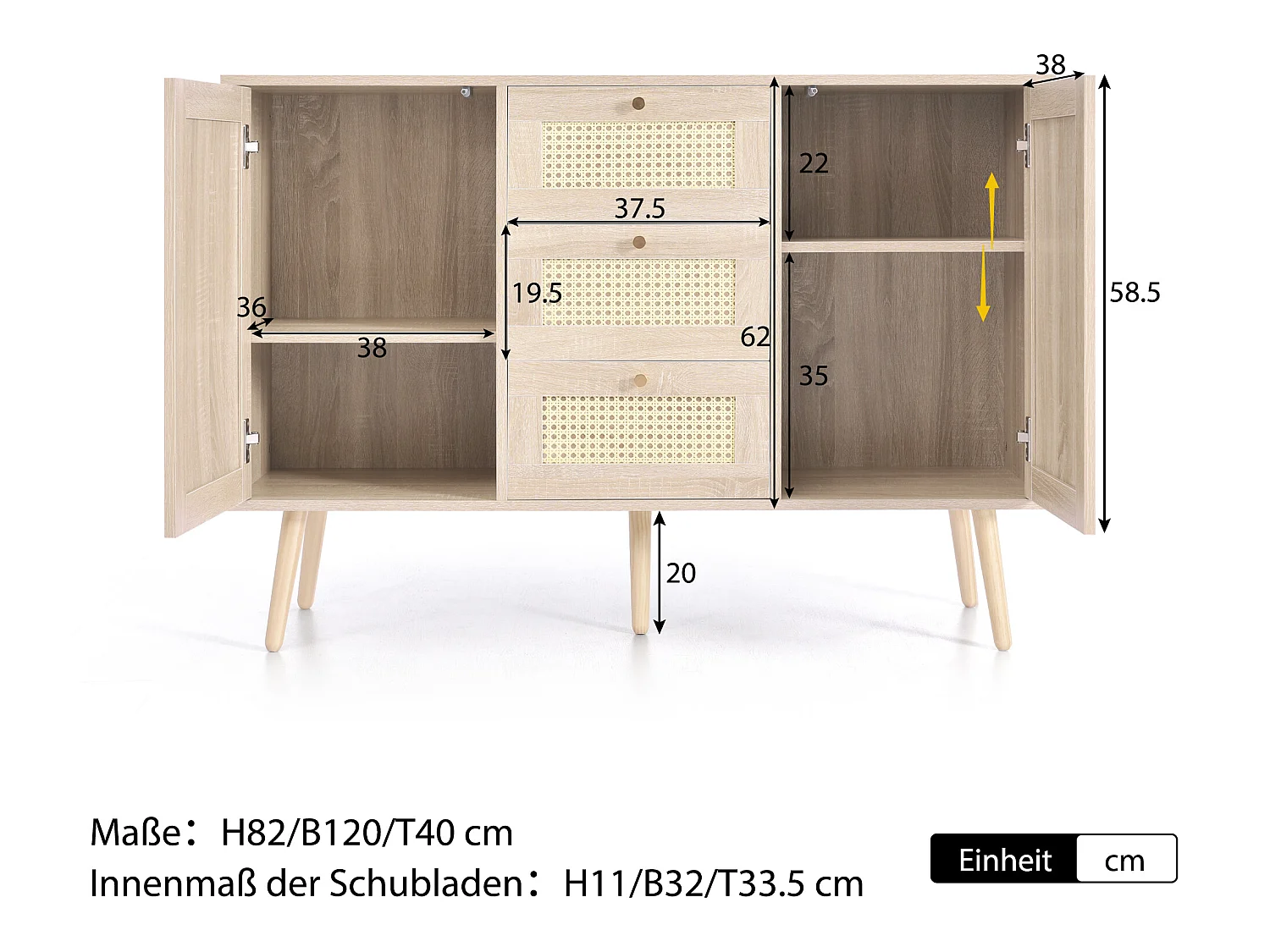Commode 120 x 82 x 40 cm avec 2 portes et 3 tiroirs en rotin et chêne Sonoma, étagère réglable, beige