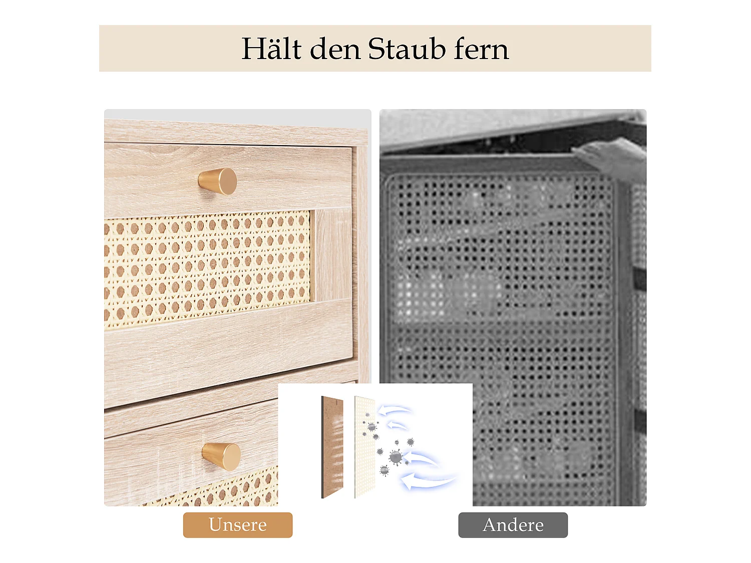Commode 120 x 82 x 40 cm avec 2 portes et 3 tiroirs en rotin et chêne Sonoma, étagère réglable, beige