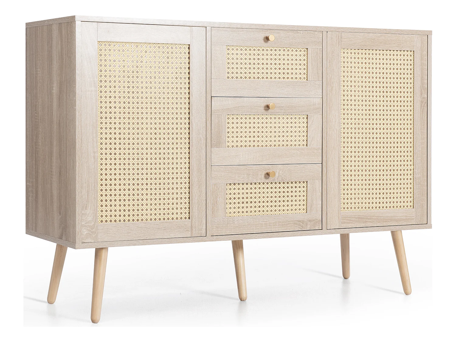 Commode 120 x 82 x 40 cm avec 2 portes et 3 tiroirs en rotin et chêne Sonoma, étagère réglable, beige