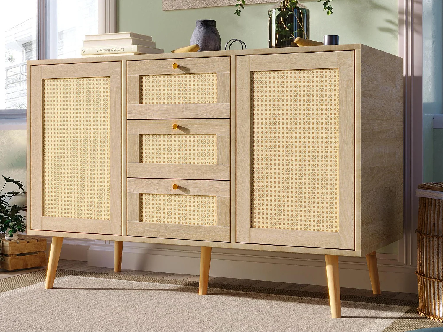 Ladekast 120 x 82 x 40 cm met 2 deuren en 3 laden in rotan en Sonoma eiken, verstelbare plank, beige