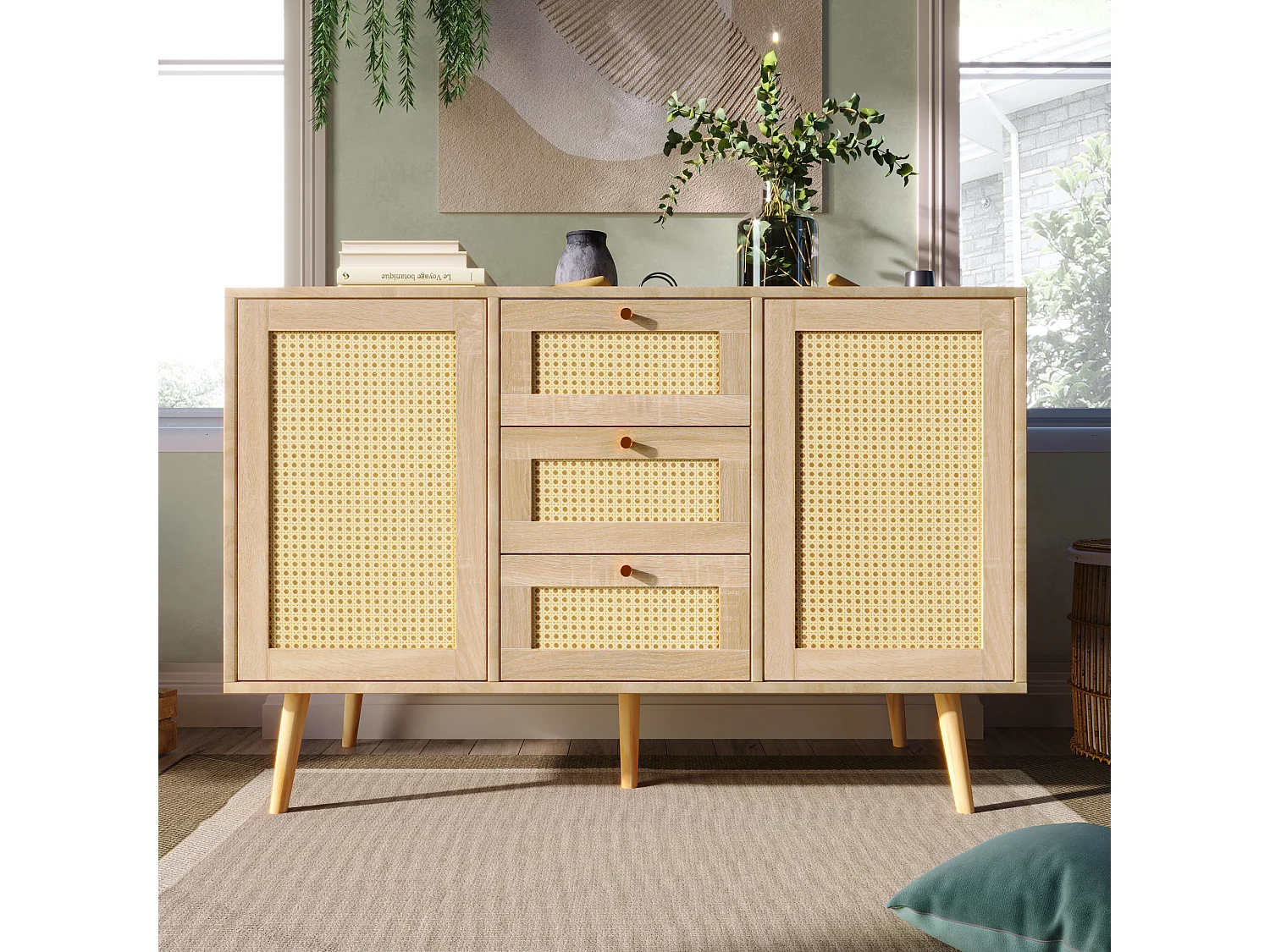 Ladekast 120 x 82 x 40 cm met 2 deuren en 3 laden in rotan en Sonoma eiken, verstelbare plank, beige