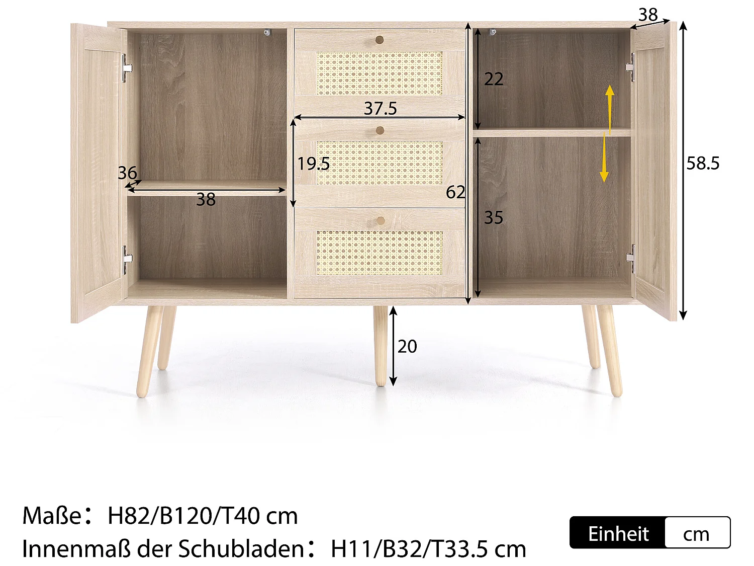 Ladekast 120 x 82 x 40 cm met 2 deuren en 3 laden in rotan en Sonoma eiken, verstelbare plank, beige