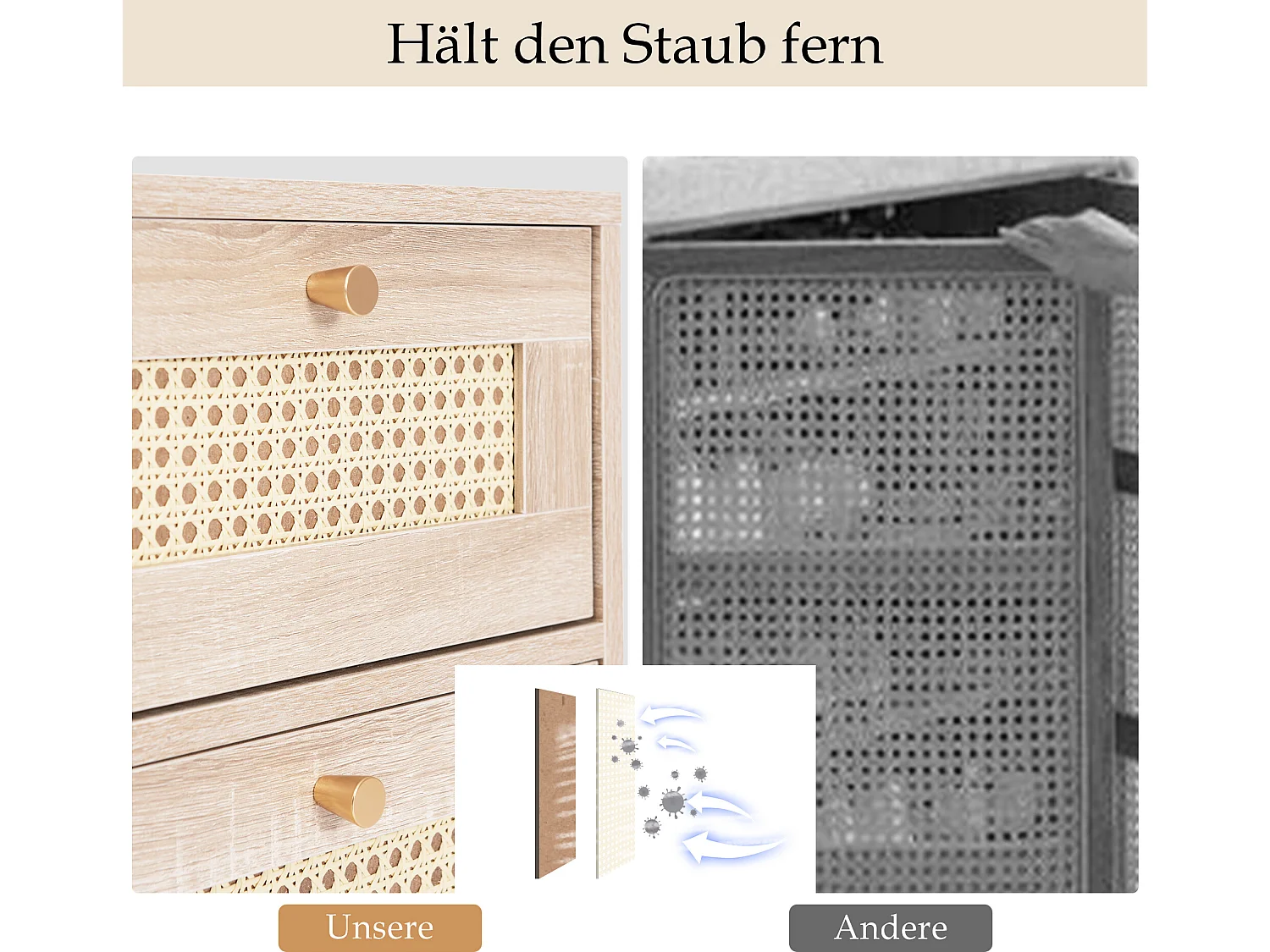 Ladekast 120 x 82 x 40 cm met 2 deuren en 3 laden in rotan en Sonoma eiken, verstelbare plank, beige