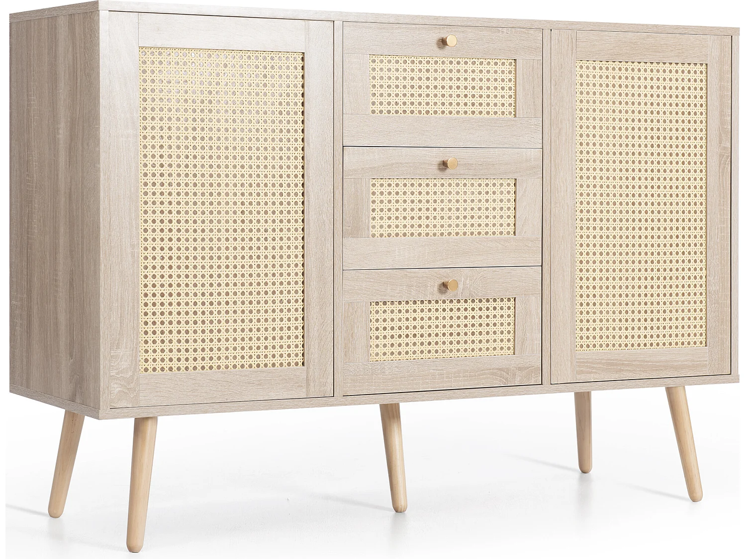 Ladekast 120 x 82 x 40 cm met 2 deuren en 3 laden in rotan en Sonoma eiken, verstelbare plank, beige