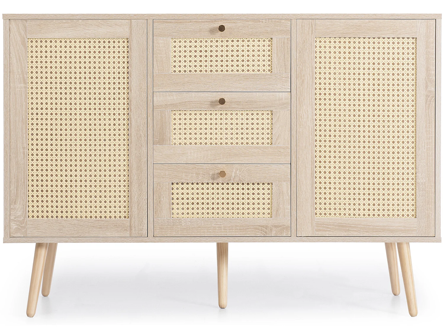 Ladekast 120 x 82 x 40 cm met 2 deuren en 3 laden in rotan en Sonoma eiken, verstelbare plank, beige