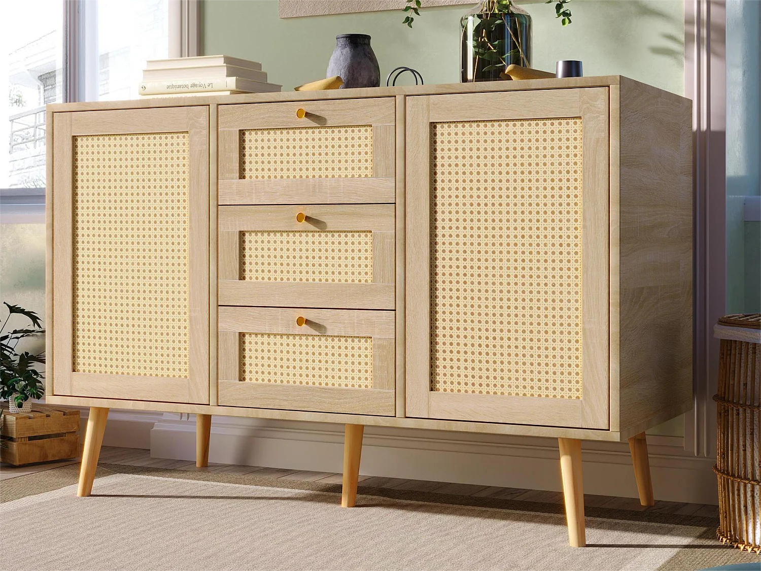 Commode 120 x 82 x 40 cm avec 2 portes et 3 tiroirs en rotin et chêne Sonoma, étagère réglable, beige