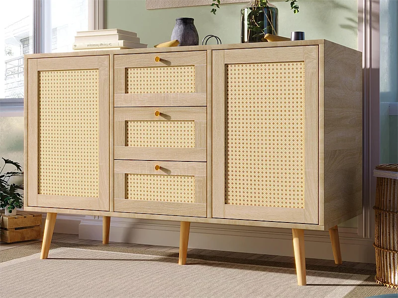 Commode 120 x 82 x 40 cm avec 2 portes et 3 tiroirs en rotin et chêne Sonoma, étagère réglable, beige