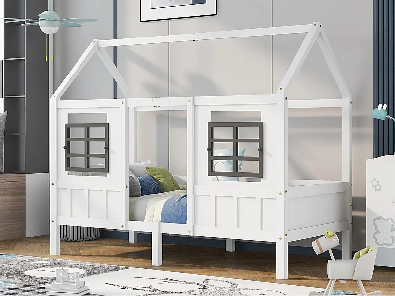 Hochbett 90 x 200 cm aus Holz mit Fenstern, weiß
