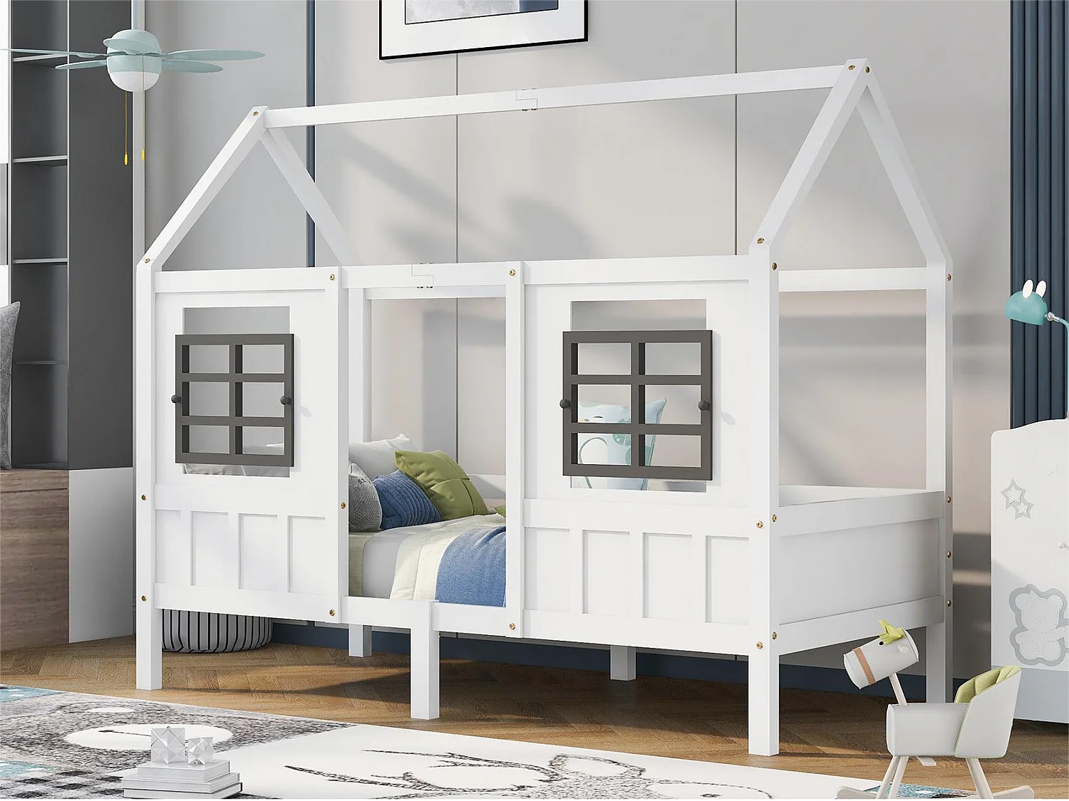 Lit cabane 90 x 200 cm en bois avec fenêtres, blanc