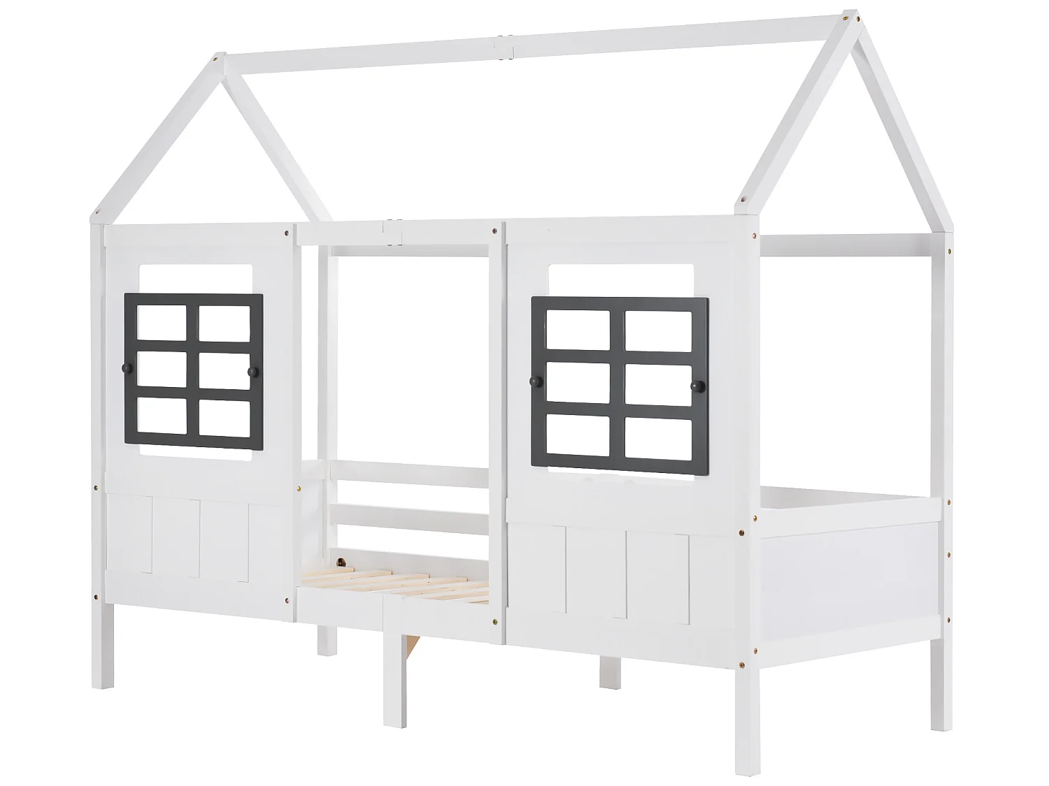 Lit cabane 90 x 200 cm en bois avec fenêtres, blanc