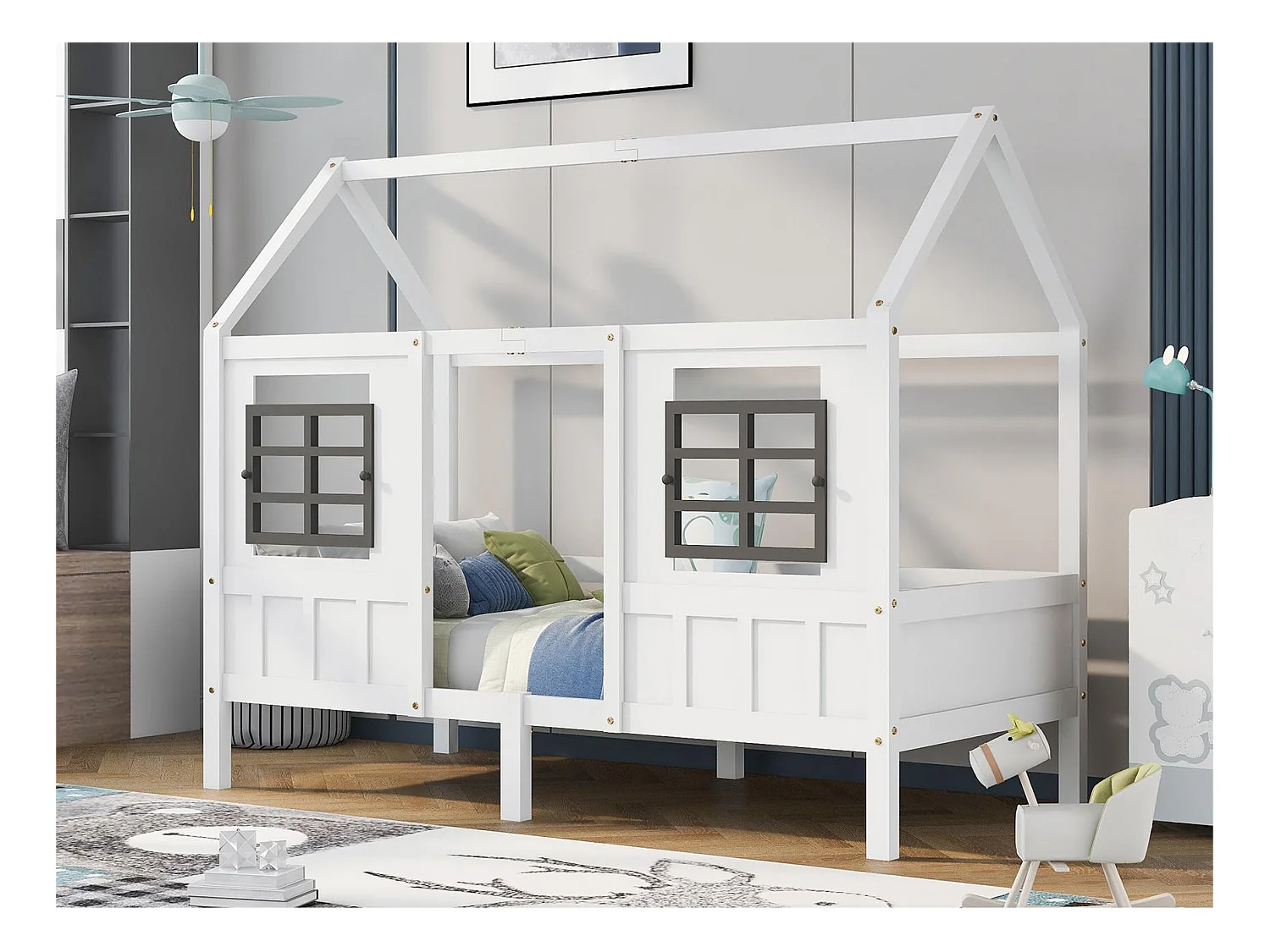 Lit cabane 90 x 200 cm en bois avec fenêtres, blanc