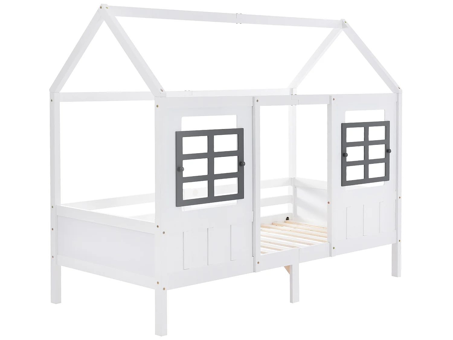 Lit cabane 90 x 200 cm en bois avec fenêtres, blanc