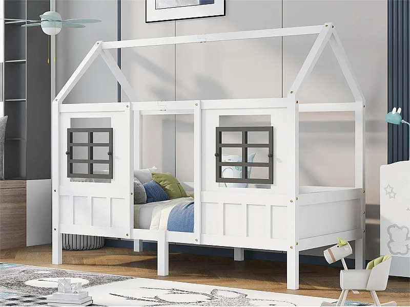 Lit cabane 90 x 200 cm en bois avec fenêtres, blanc