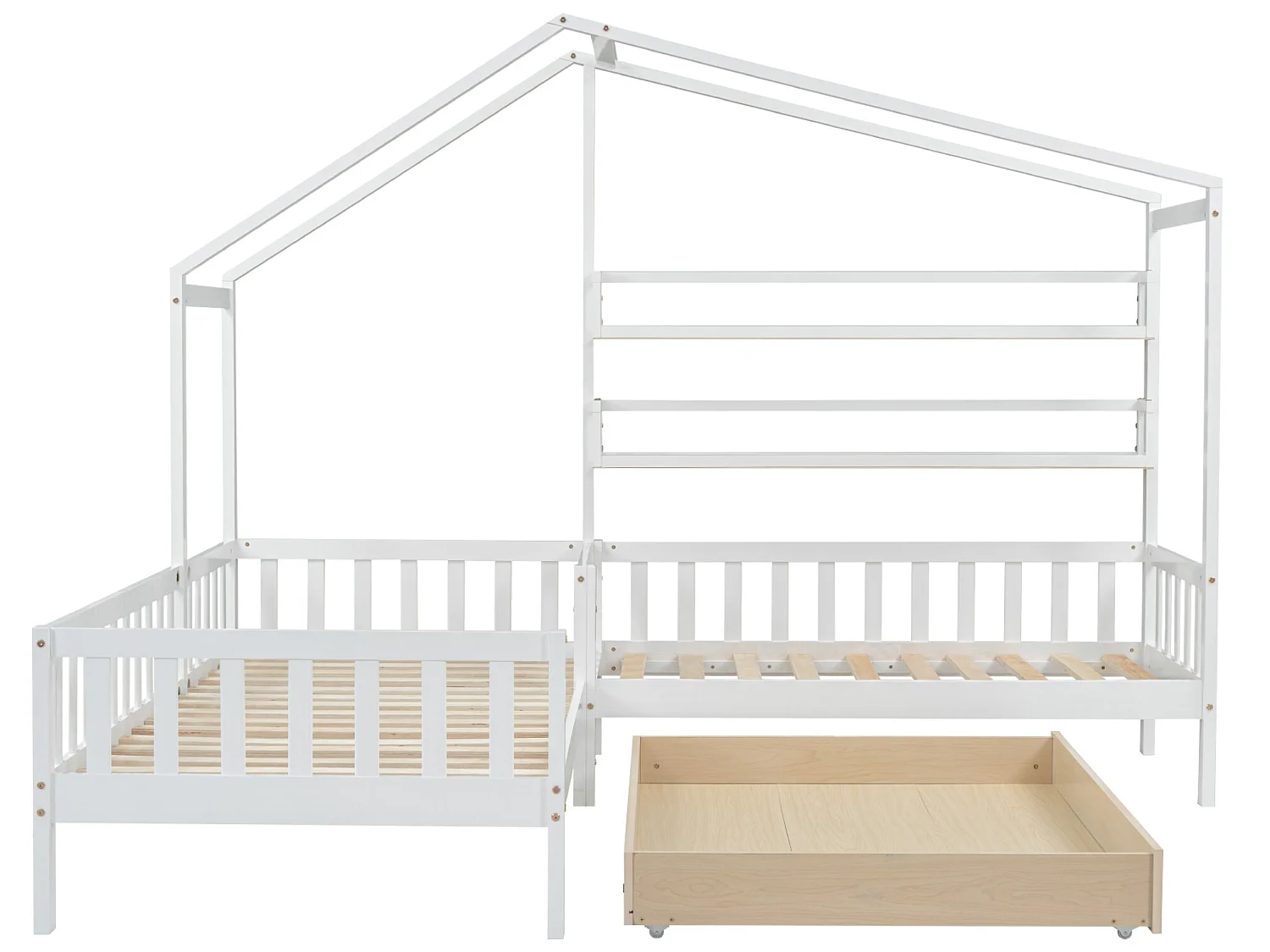 Lit cabane avec tiroirs et étagères - 90x200 cm + 140x70cm - bois massif - blanc