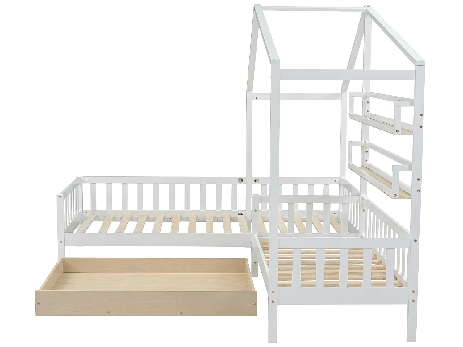 Lit cabane avec tiroirs et étagères - 90x200 cm + 140x70cm - bois massif - blanc