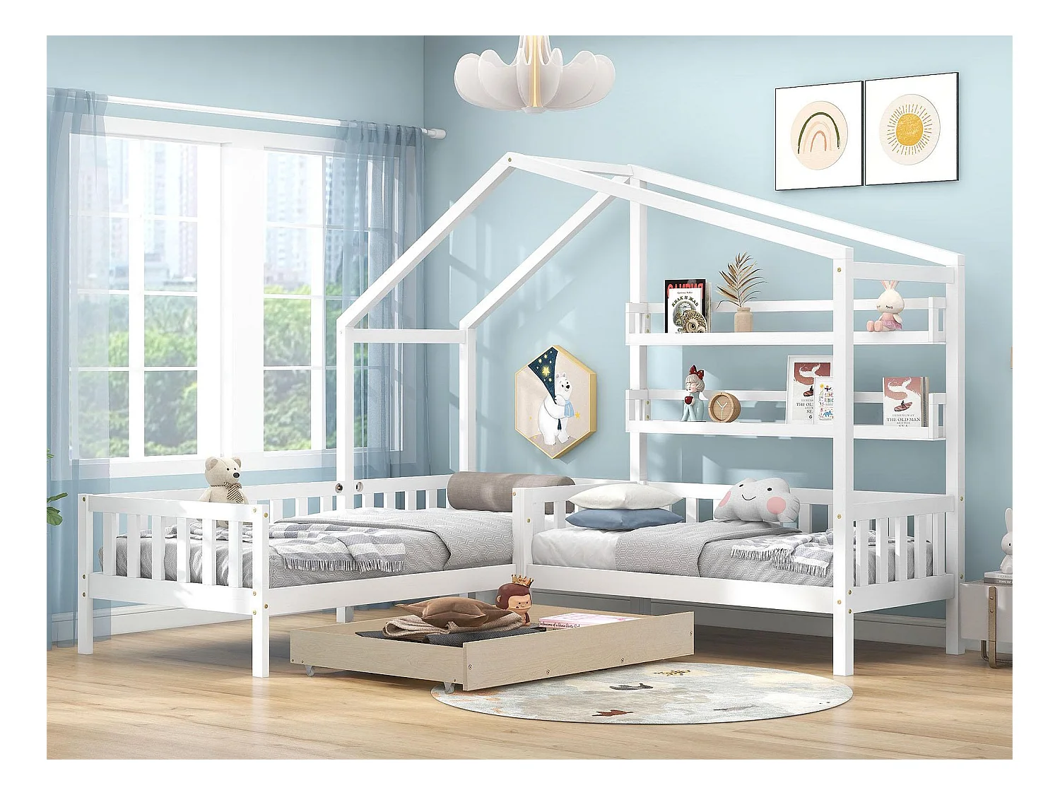 Lit cabane avec tiroirs et étagères - 90x200 cm + 140x70cm - bois massif - blanc