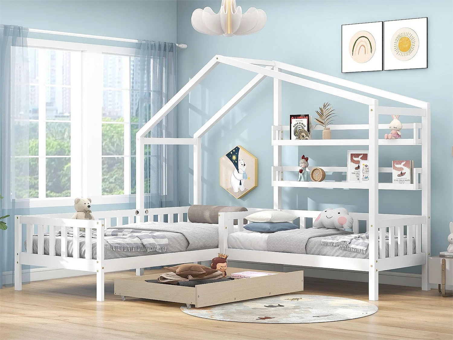 Łóżko kabinowe z szufladami i półkami - 90x200 cm + 140x70cm - lite drewno - białe