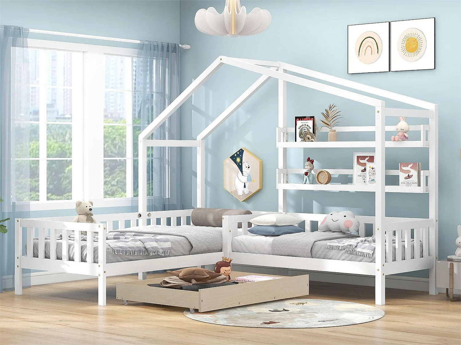 Lit cabane avec tiroirs et étagères - 90x200 cm + 140x70cm - bois massif - blanc