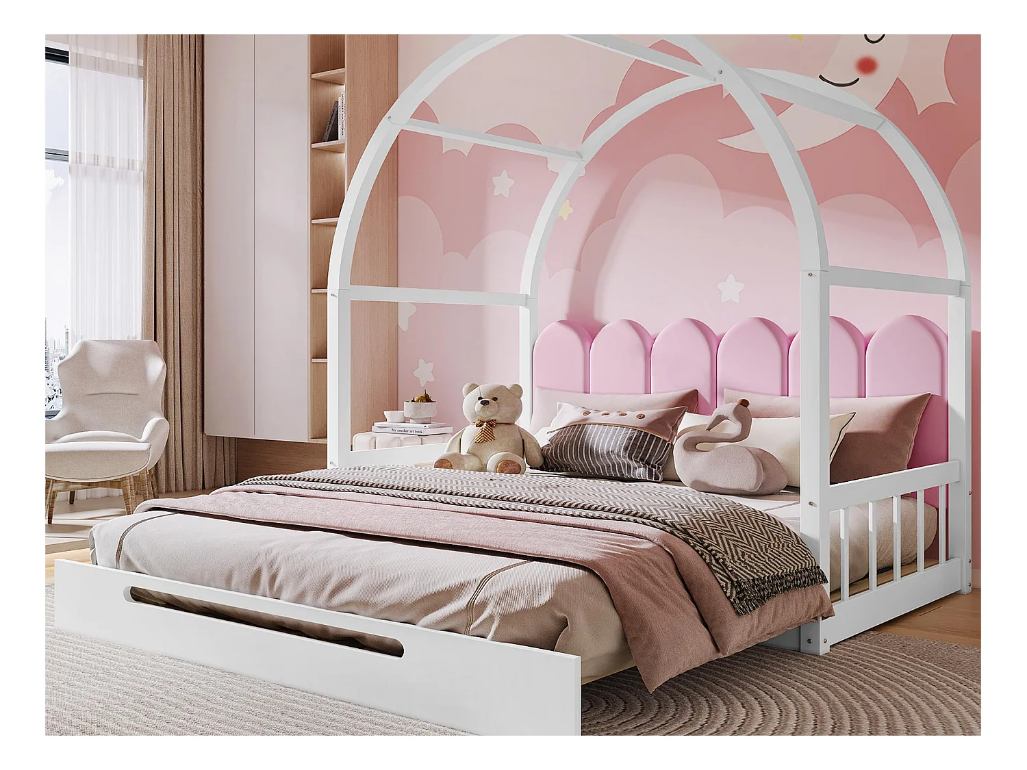 Lit gigogne 140 x 200 cm, lit enfant en bois de pin, sommier inclus - blanc