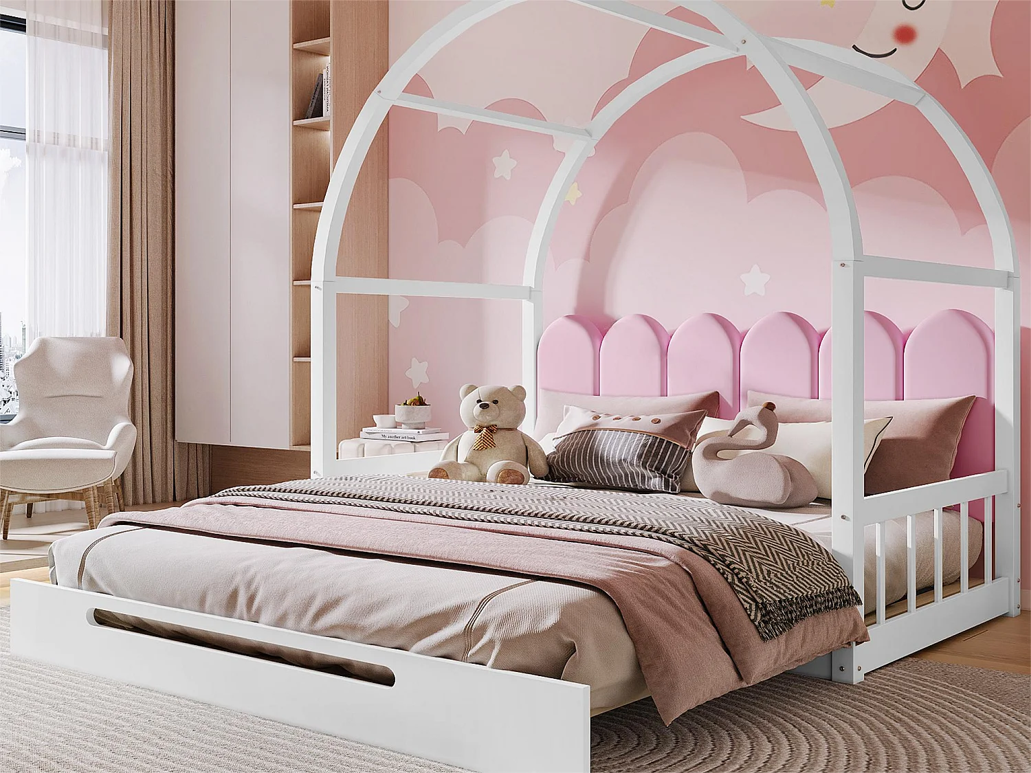 Ausziehbett 140 x 200 cm, Kinderbett aus Kiefernholz, Boxspring inklusive – weiß