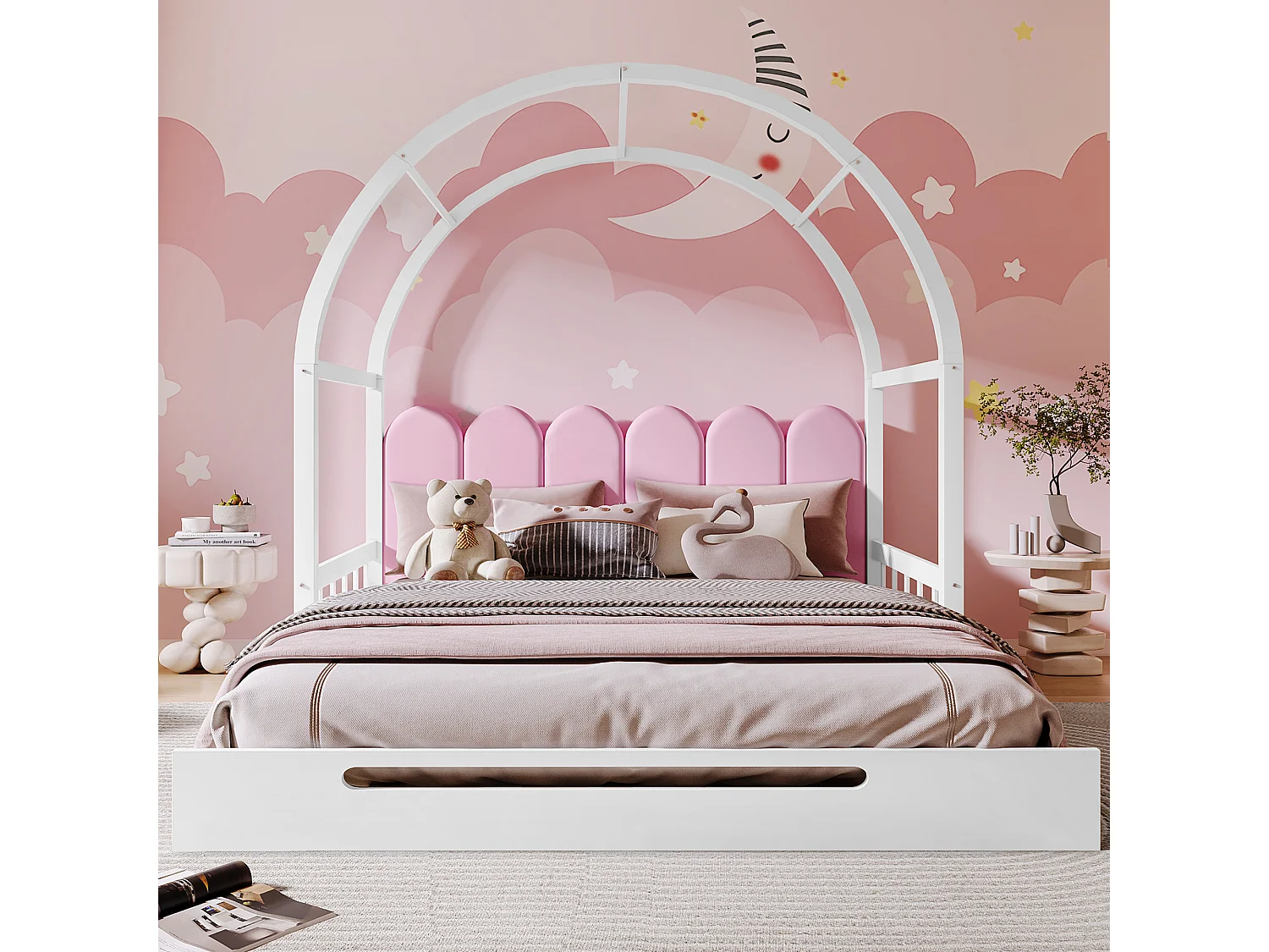 Ausziehbett 140 x 200 cm, Kinderbett aus Kiefernholz, Boxspring inklusive – weiß