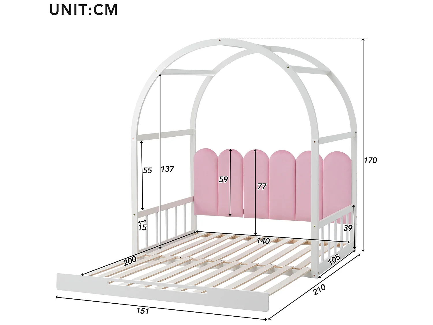Ausziehbett 140 x 200 cm, Kinderbett aus Kiefernholz, Boxspring inklusive – weiß