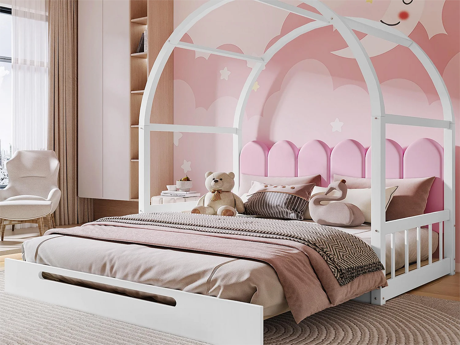 Uitschuifbed 140 x 200 cm, kinderbed in grenenhout, inclusief lattenbodem - wit