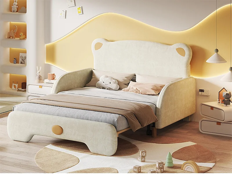 Ausziehbett 140 x 200 cm mit Bärenkopfteil, Samt, inklusive Boxspring, beige